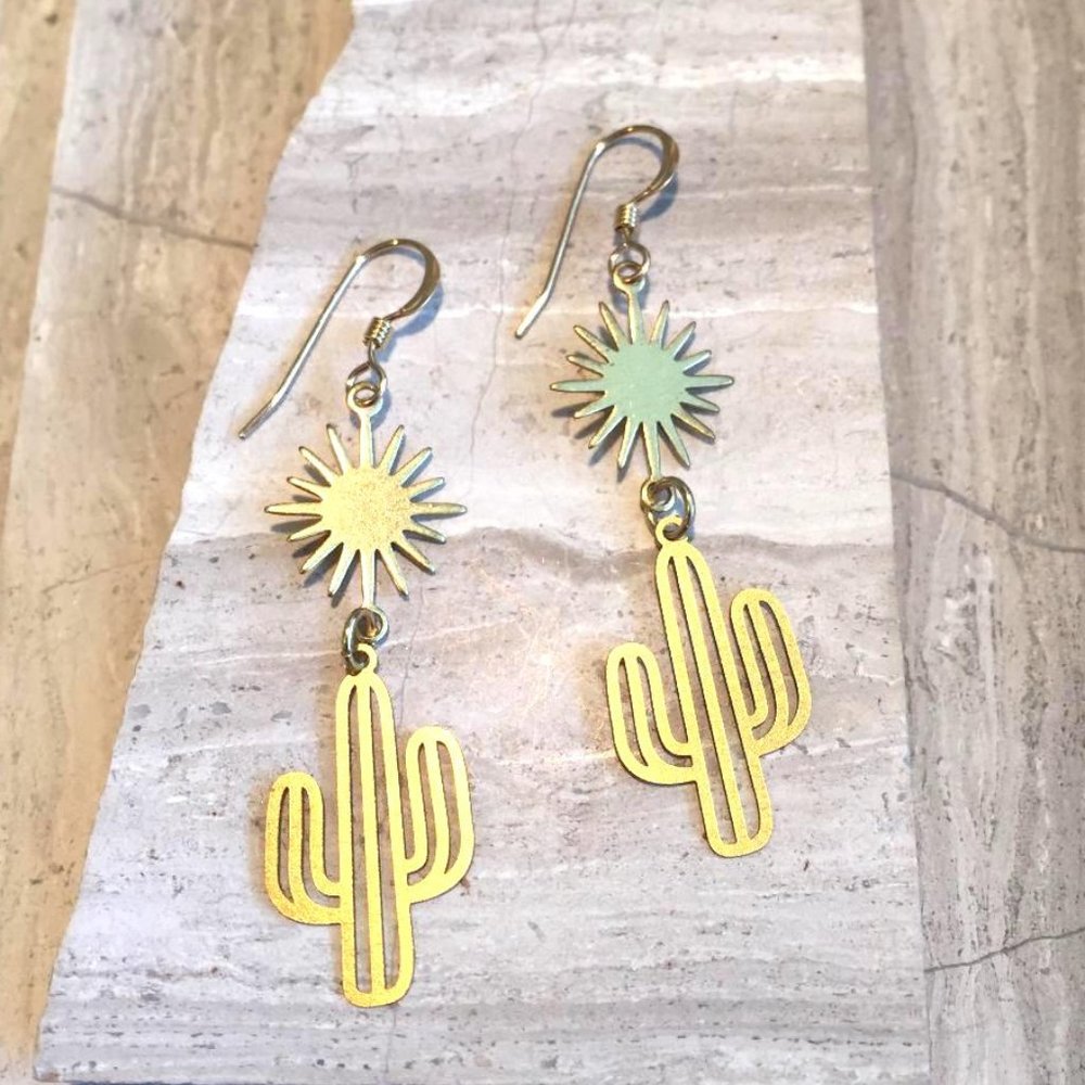 14K Gold/ Sterling Cactus Sun Earrings